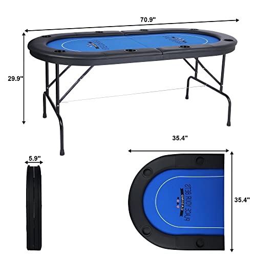 Vilobos Poker Table Foldable 6-8 Players Folding Poker Table Fully Assembled Casino-Style Texas Hold'em Poker Table With Faux Leather Padded Rails And Cup Holders, Blue #TOP1