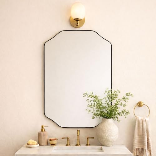 Image of TEHOME 24x36'' Scalloped Black Bathroom Vanity Mirror, Matt Black Rectangle Metal Framed Bathroom Mirror