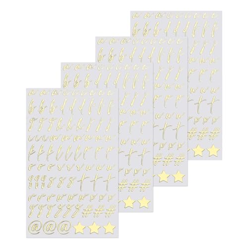 QUARKZMAN 4 Hojas de Pegatinas de Letras Cursivas para Uñas de Resina 3D Pequeñas Pegatinas de Alfabeto Dorado Metálico de Aleación para Fundición de Resina Epoxi Scrapbooking