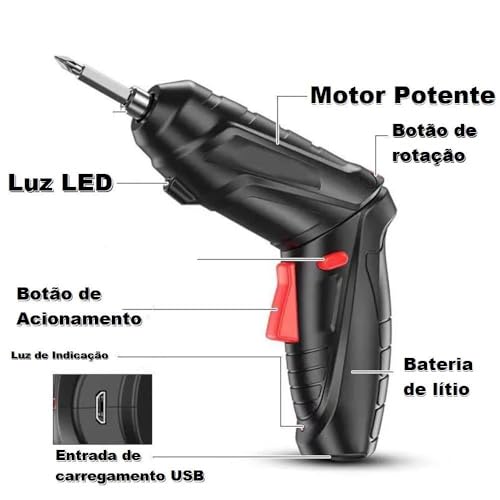 Parafusadeira Portátil Sem Fio 46 Peças Chaves Fenda Broca Philips Usb Dupla posição
