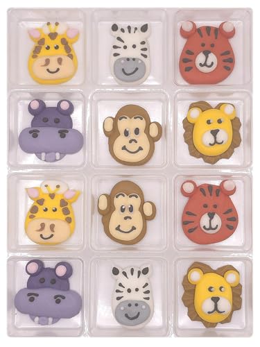 NCS Jungle Animal Set Edible Royal Icing Cake Toppers, 12 Count – Lion, Tiger, Zebra, Monkey, Hippo & Giraffe