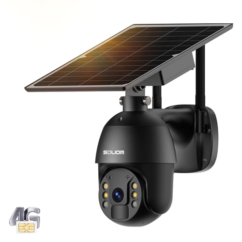 SOLIOM S600 4G LTE Security Camera Outdoor Solar Powered Cellular Security Camera Wireless Pan Tilt 360View Spotlight 1080p Night Vision 2 Way Talk PIR Motion Sensor No WiFi Black