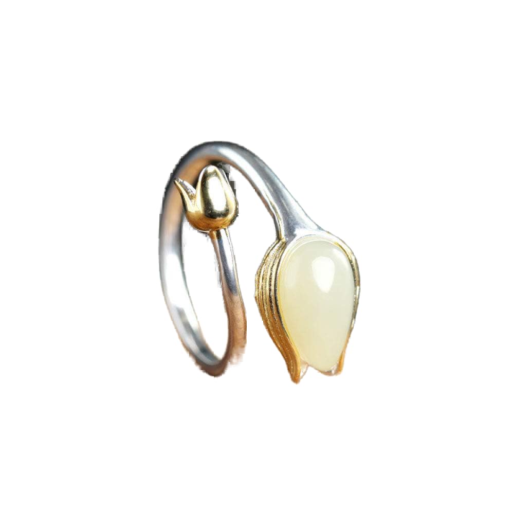 Vintage Estilo Chino S 925 Anillo De Plata Mujer Inlay Abierto Dorado Tulip Jade Regalo Creativo De Moda De Tendencia De Personalidad Temperamento Elegante