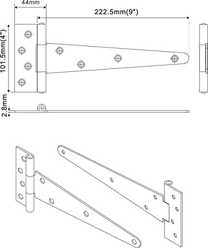 Qcaa Heavy Duty Tee Hinge, 9"X4"X2.8Mm, Steel, Elegant 2-Layered Frosted Matte Black, Powder Coated, 4 Pack #TOP2