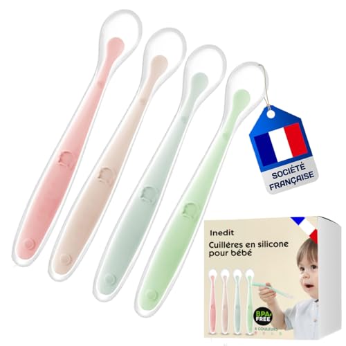 Cuillere Bebe 1er Age (4 Pièces) - Cuillère Bébé en Silicone - Cuillère Incurvée Souple Pour Les Repas de Bébé de Plus de 1 Mois - Qualité Garantie...
