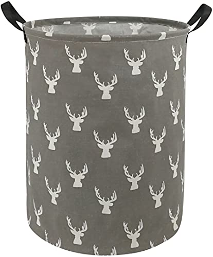 Image of KUNRO Round Laundry Gift Basket Storage Hamper, Clothes Storage Organizer Bins, Shelf Basket with Handles for Room Decor (Grey deer)