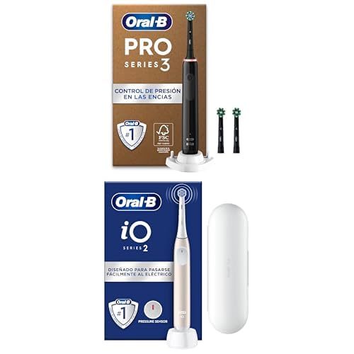 Oral-B Pro 3 3000 Cepillo de Dientes Eléctrico con Mango Recargable y 3 Cabezales, Negro + Oral-B iO 2 Cepillo de Dientes Eléctrico Rosa Suave, con 1 Cabezal, 1 Estuche de Viaje y 1 Portarrecambios