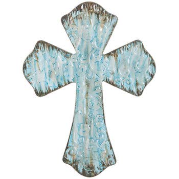 Everydecor Rustic Turquoise Metal Cross Wall Art Decor - Hanging Antiqued Religious Decorative Christian Cross Sculpture with Embossed Swirls for Home Farmhouse Indoor and Outdoor