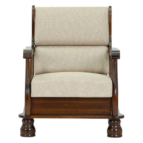 Image of Royaloak Melaka Wooden Single Seater Sofa with Beige Colour Cushion | Solid Wood | Fabric Cushion Cover | Moulded Foam Cushions | Curved Arm Design | Durable & Long Lasting | Malaysian Collection
