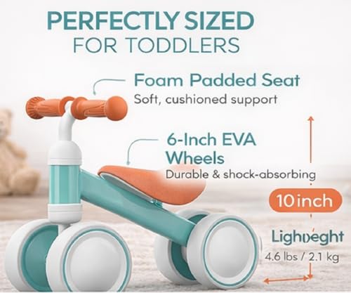 Image of EXVITO Kids Balance Bike for Toddlers 1-3 Years, No Pedal Training Bicycle, 4 Wheel Toddler Bike, First Baby Balance Ride-On Toy, Adjustable Seat, Stable & Safe Indoor Outdoor Riding Toy