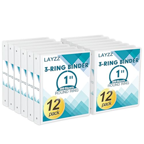 3 Ring Binder LAYZZ 12 Pack 1 Inch Binders 3 Ring with 2 Pockets Round Ring Binders Clear Cover Binders for Letter Size 8.5x11 Paper PVC Free Suitable for School Home and Office (White)