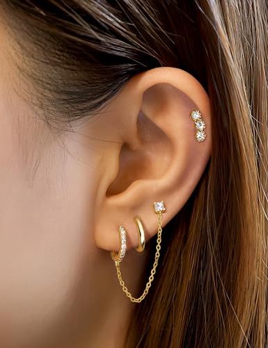 FIBO STEEL 14K Gold Plated Earrings for Women - Hypoallergenic Earrings Set for Multiple Piercing - Cartilage Dainty Small Huggie Hoop Stud Earring Stacks for Sensitive Ears4