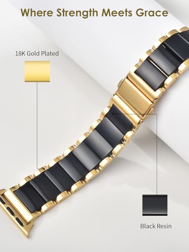 Image of V.R.HOPE Luxury Gold Apple Watch Band for Women, Metal & Resin | 38mm /40mm /41mm /42mm, Elegant Gold Metal Links, Black Resin Accent, Lightweight Comfort, Fits iWatch 1-11 /SE3