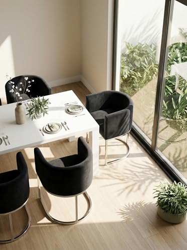 Image of HNY Mid Century Modern Upholstered Barrel Dining Chairs with Arms Set of 4, Velvet Kitchen & Dining Room Chairs, 18.5 inch Wide Accent Chairs for Dining Room Living Room with Chrome Metal Frame, Black