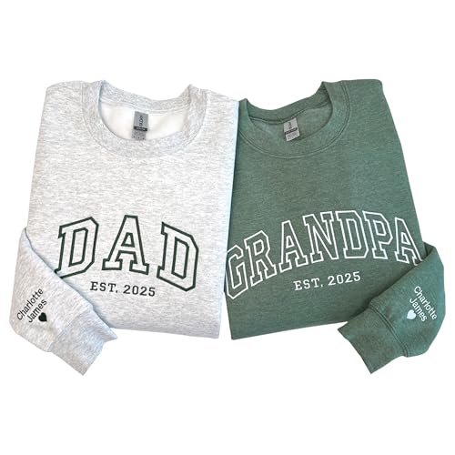 Custom Embroidered Dad Sweatshirt Kids Names On Sleeve With Heart Dada Est Year Shirt Grandpa Hoodie With Date Gift For New Dad and Baby Reveals