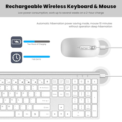 Image of Rechargeable Wireless Keyboard and Mouse Combo, Full Size Silent Ergonomic Scissor Switch Keyboard and Optical Mouse Set, 2.4G Lag-Free Cordless Keyboard Mice for Computer,Mac,Laptop,PC,Windows-Silver