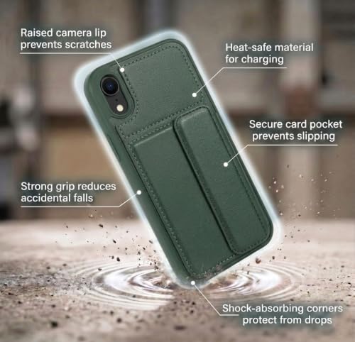 Image of amazon basics Luxury Vegan Leather Back Cover for iPhone XR | Built-in Card Holder Slot | Integrated Mobile Stand | Slim Shockproof Protective Case with Stitched Finish - Green