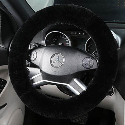 Fluffy Wool Sheepskin Fuzzy Black Car Steering Wheel Cover for Un...