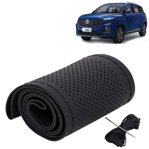 Image of KINGSWAY PU Leatherite Car Steering Cover Sewable Compatible with Morris Garages (MG) Hector Plus (Year 2020 Onwards), Black Color with Black Thread, Pack of 1 with Sewing Needle and Thread
