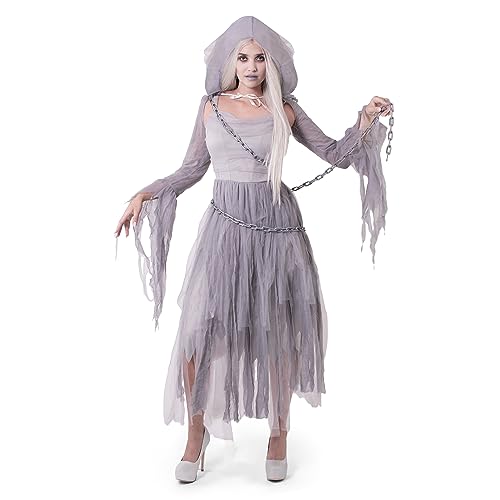 Spooktacular Creations Mulheres Haunting Beauty Dress disfarce de fantasma com corrente de plástico, capa com capuz para adulto Halloween Dress Up Party Cosplay médio