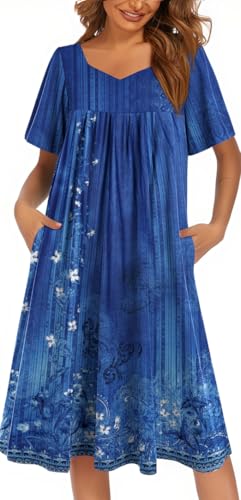 Image of Ekouaer Women's House Dress - Pleated Nightgown with Short Sleeves & Pockets