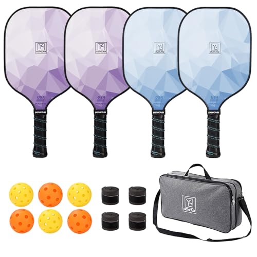 Pickleball Paddles Set of 4, USAPA Approved Pickleball Set, Fiberglass Pickle Ball Rackets, 3 Outdoor Pickleball, 3 Indoor Pickleball Balls, 4 Pickleball Overgrip, 1 Pickleball Bag for Women and Men