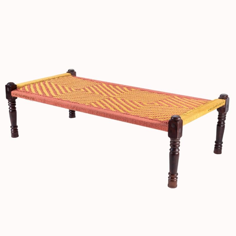 Image of Solid Sheesham Wood Charpai Khat Bed | Wooden Khatiya Charpai Desi | Handcrafted Khatiya Bed with Cotton Rope | Strong Khat for Indoor & Outdoor Use | 6X3 Feet | Orange and Yellow