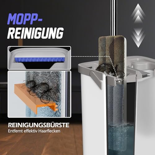 Masthome Wischmopp Set mit Eimer,Bodenwischer Set mit 10 Mikrofaser Pads und Langem Edelstahl Griff,Putzeimer mit Wischmop,Wischmopp mit Auswringfunktion für Alle Böden,Weiß – Bild 5