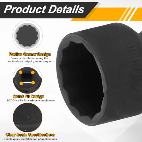 Image of HARFINGTON 1 /2 inch Drive x 30mm Shallow Impact Socket 12-Point Metric CR-V Steel Spindle Nut Impact Flip Sleeve for Home Auto Nuts Bolts Repair
