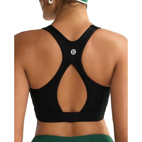 RUNNING GIRL High Impact Sports Bras for Women, High Support Micro Perforated Mesh Sports Bra with Sewn in Pads Black Small
