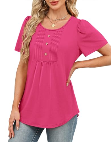 Image of Womens Tops Dressy Casual Blouses Short Sleeve Shirts Plus Size Fashion Clothing Spring Summer Outfits Button Pleated Front