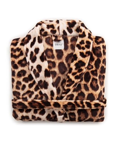 iSleep Bademantel Leopard, Braun, Fleece, Damen und Herren, S-M-L-XL, -braun-, L
