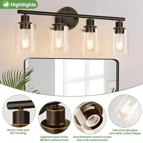 4-Light Bathroom Light Fixtures, Brown and Gold Modern Vanity Lights Over Mirror with Clear Glass Shade, Bathroom Wall Lamp for Mirror Kitchen Living Room Hallway Cabinet Porch Bedroom Reading room