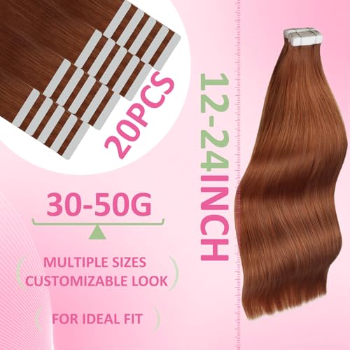 Image of YoungSee Human Hair Tape in Hair Extensions Copper 20 Inch Hair Extensions Tape in Copper Easy to Install Tape ins Human Hair Extension Colored Long Hair 20Pcs 50g