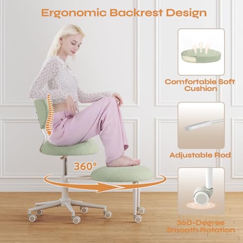 Image of Pinmoco Ergonomic Cross Legged Office Chair with Wheels, ADHD Chair for Adults, Meditation Chair, Yoga Office Chair, Comfortable Back Support, Height Adjustable,Small Spaces, Teddy Fabric, Green