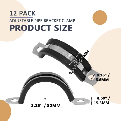 Kemcatui 12 Pack 1 1/4 Inch Cable Clamps, Stainless Steel Pipe Clamp, Rubber Clamp Cushioned Insulated, Loop Clamp Metal Clamps For Tube Pipe Wire Lines Hoses #TOP3