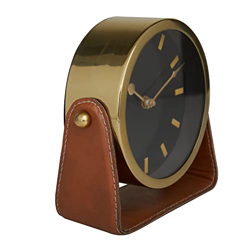 Deco 79 Stainless Steel Clock With Leather Stand, 7" X 4" X 7", Gold #TOP4