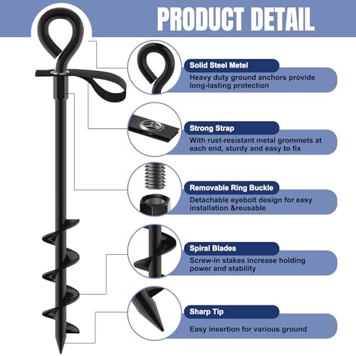 Image of Eurmax USA Trampoline Stakes Screw in Tent Stakes Parts Heavy Duty for Canopies,4-Pack Outdoor Anchor Kit with Straps(Black)