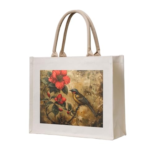Sac fourre-tout imprimé floral et oiseau en toile robuste pour femme
