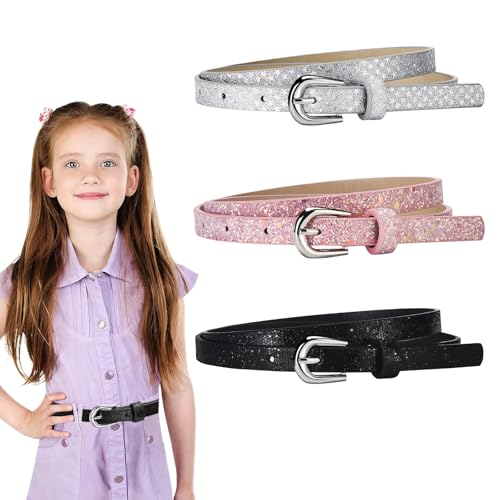 KWJEIULSOQ 3Pcs Girls Belt, 92cm Adjustable PU Leather Kids Belt, 3 Shiny Color Kids Belts(Silver, Black, Pink) for Jeans, Dresses