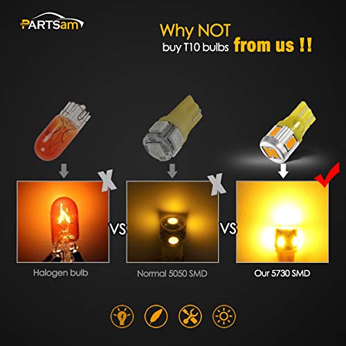 Partsam 2X T10 W5W 194 2825 Amber LED Light Bulbs 6-5730-SMD Car Truck Parking LED Parking Light Bulbs Side Door Courtesy Light Stepwell Light - Thumbnail 3