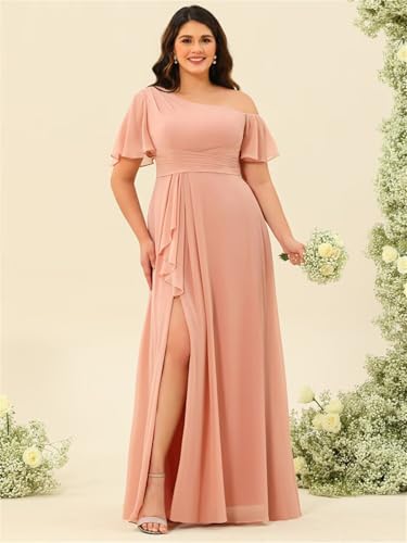 Elegant One Shoulder Bridesmaid Dresses 2025 with Slit Long Pleated Chiffon Formal Party Dresses with Pockets RO2013