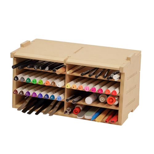 Bucasso プラモデル ツール収納ラック 筆/ツールホルダー 64個収納可能 棒状工具収納 モデルツール収納ラック MDF素材 ペン/ヤスリ/ブラシ収納 プラモデル ペイントラック 組み立て式ワークステーション GK4のサムネイル