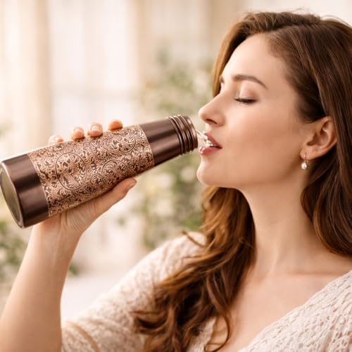 Image of JAIPUR ACE Hammered Pure Copper Water Bottle with Glass Set | 100% Copper Bottle Set | Leak Proof, Ayurvedic Health Benefits, Premium Design Gift Set for Home, Office, Gifting (3d Engraving)