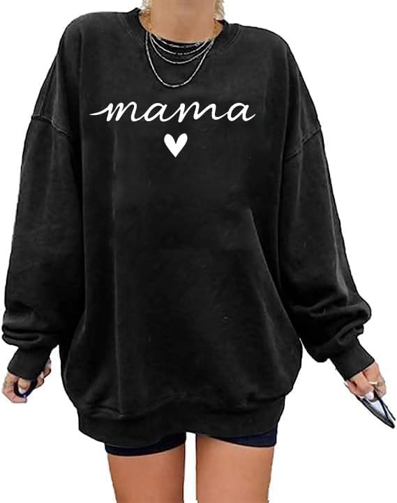 Mama Sweatshirts for Women Oversized Round Neck Casual Mama Letter Print Pullover Mom Hoodies Long Sleeve Blouse Tops