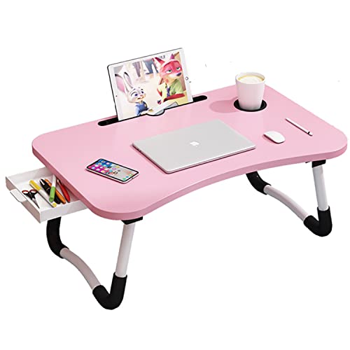 BSTMOME Laptop Desk Bed Stand Foldable Laptop Table Folding Breakfast Tray Portable Lap Standing Desk Reading and Writing Holder with Drawer for Bed Couch Sofa Floor (Pink)
