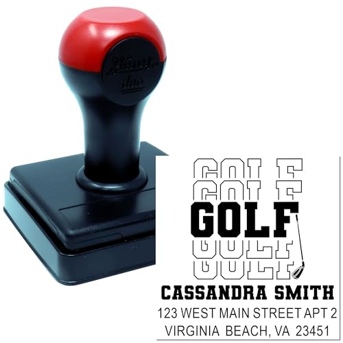 Image of Golf Statement Duo Hand Mailing Stamp - Address Stamp for Cards | Any standard pad works. Mailing Stamp Made to Order. Golf Club Stamp. Uses a separate ink pad. Laser-engraved die.