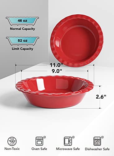 LE TAUCI Ceramic Pie Pans for Baking, 9 Inches Pie Plate for Apple Pie, Pecan Pie, 52 Ounce Deep Pie Dish, Set of 2, Red