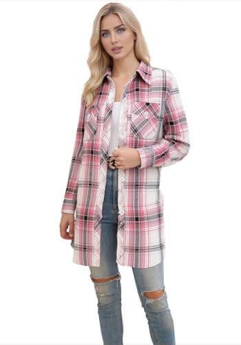Image of SANGTREE Women and Girls Oversized Flannel Plaid Shirt Mid-Length Casual Button Down Shirt with Pockets