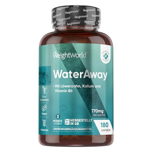 Water Away Kapseln - Stoffwechsel Formel mit Apfelessig, Grüner Tee, Löwenzahn, Kalium - 180 vegane Entwässerungskapseln für 3 Monate - Alternative zu Brennnessel Entwässerungstabletten - WeightWorld